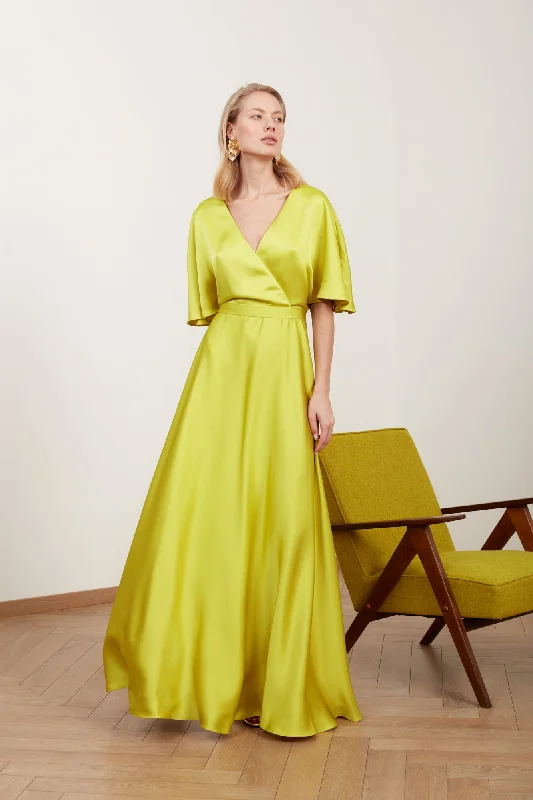 off shoulder evening gown-SOLENE lime green satin long evening dress with butterfly sleeves