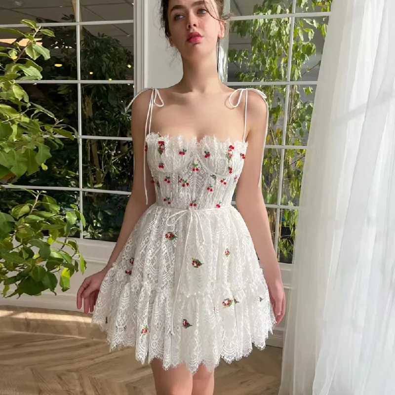 flared evening dress-Spaghetti Strap White Lace Party Dress Ruffled Mini Length Prom Dresses Custom Made Floral Gown For Homecoming Ever Pretty