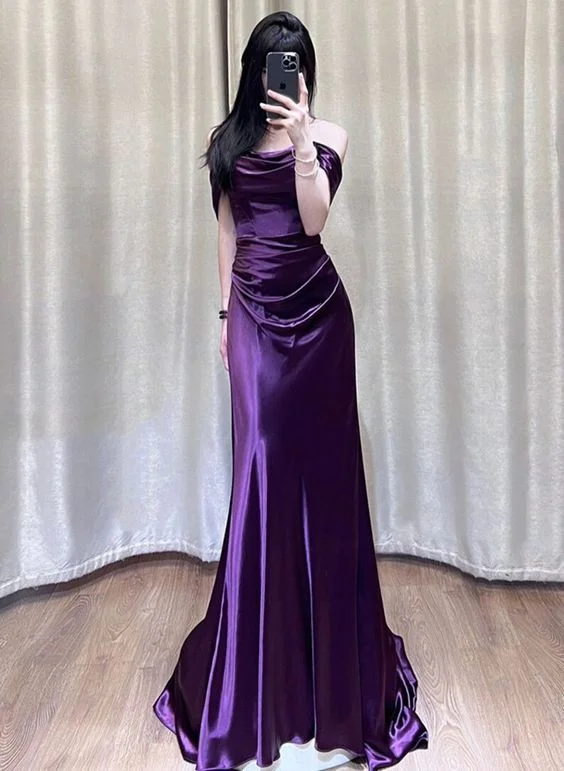 sleeveless tulle evening dress-Purple Satin Off Shoulder Long Evening Dress, Purple Satin Prom Dress      S5190