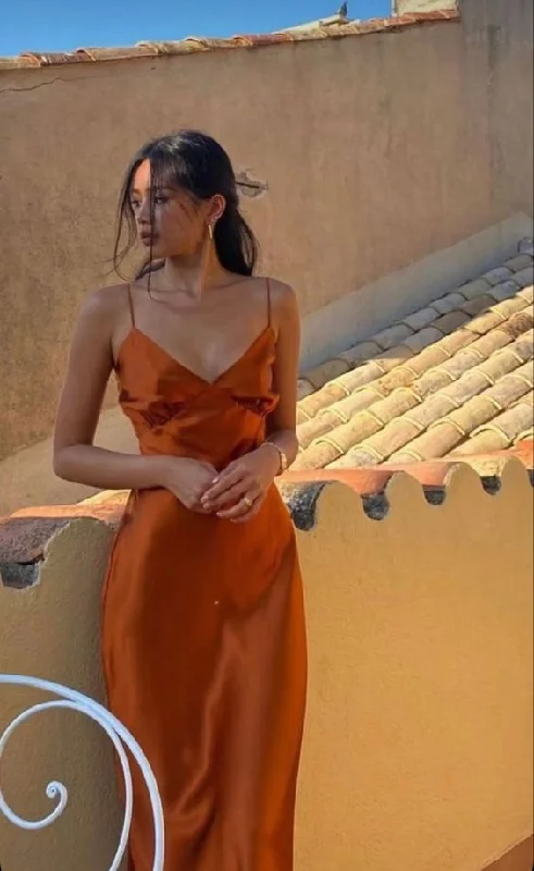 flared evening dress-Spaghetti Straps Orange Prom Dress     S5155