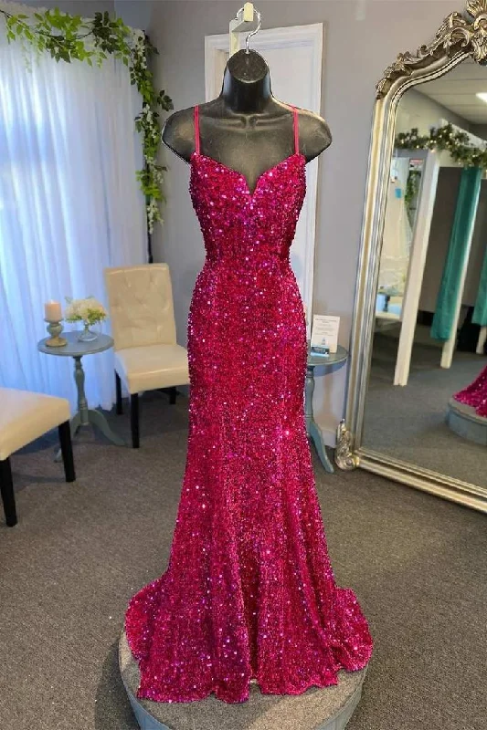 evening dress with sleeves and lace-Sparkly Spaghetti Straps Mermaid Prom Dresses Long For Women 2024 Tight Sweetheart Formal Evening Dresses Ball Gowns For Girls    S5206