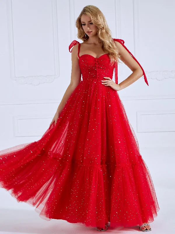 elegant long sleeve evening gown-Sleeveless Sweatheart Neckline Starry Tulle Prom Dress with Button Detail YW231022