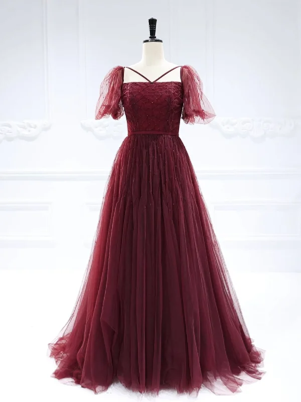 evening dress with side slit-Straight-Neck Short Sleeves Beads Ball Gown #22126