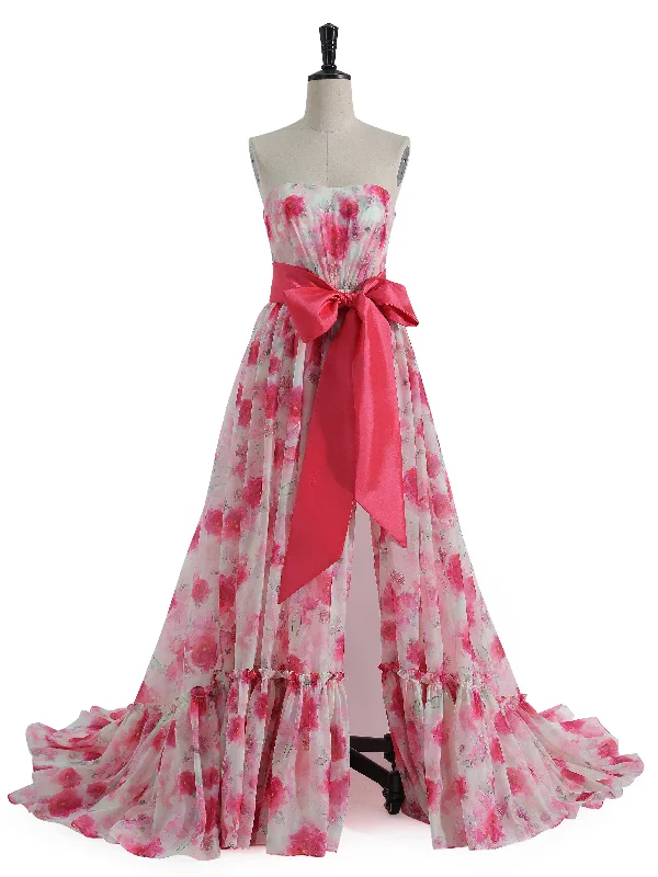 satin evening gown-Strapless Floor Length Pink Printing Organza Prom Dresses with Bow Belt YE2534