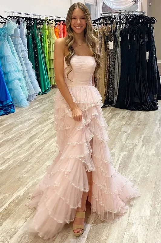 fit and flare evening dress-Strapless Layered Tulle Prom Dress with Sequins     S5156