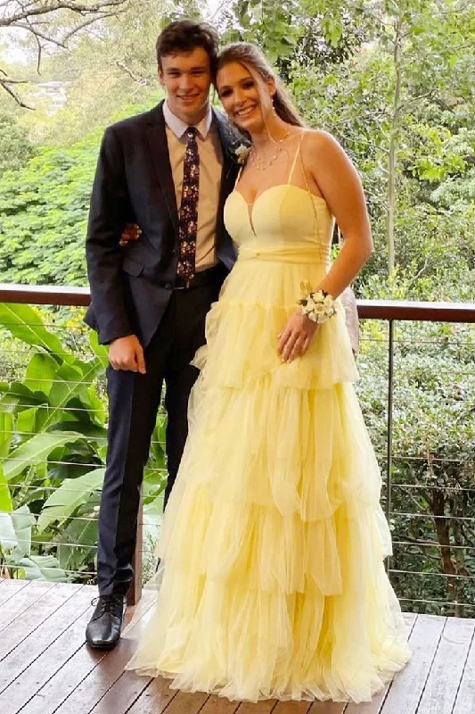 evening gown with sheer overlay-Yellow Straps Multi-Tiered A-Line Long Prom Dress    S5157