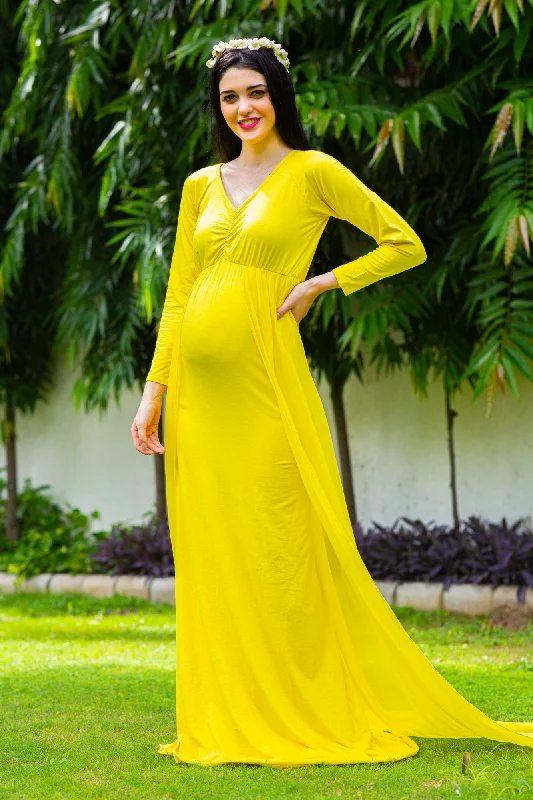 royal blue evening dress-Sunny Yellow Trail Maternity Photoshoot Gown