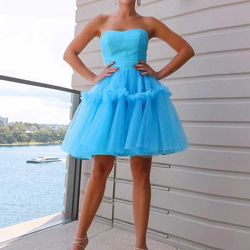 sleeveless evening dress-Sweet Homecoming Dresses for Girls Sweet Heart Lace up Closure A Line Tulle Short Prom Birthday Party Gowns Litlle Dress Bespoke