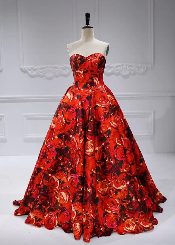 fishtail evening dress-Sweetheart Neckline Floral Printed Satin Ball Gown Zipper Back #88075