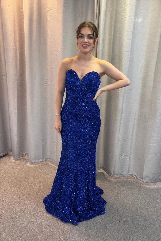 elegant ball gown evening dress-Sweetheart Royal Blue Sequin Mermaid Long Prom Dress with Lace Up Back       S5321