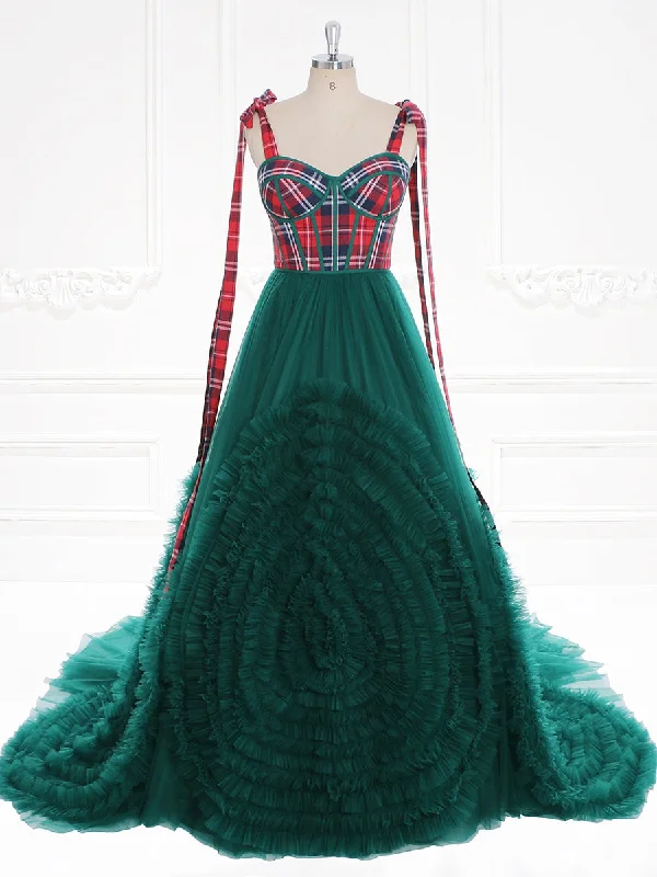 vintage-inspired evening dress-Tartan Corset with Ruffles Skirt Christmas Dress for Photo Shoot Vintage Prom Dress Photo Shoot Dresses YW231119