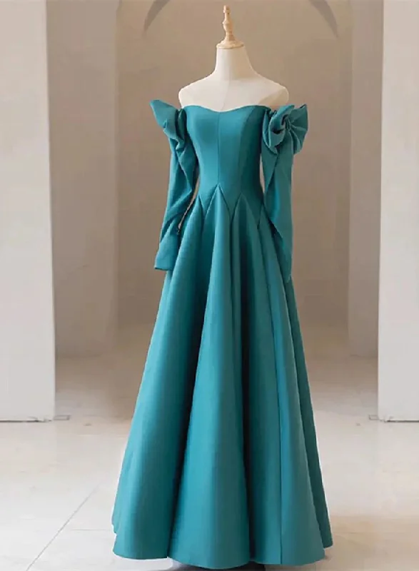 elegant velvet evening gown-Teal Blue Long Sleeves with Bow A-line Sweetheart Prom Dress, Teal Blue Evening Dress      S5171