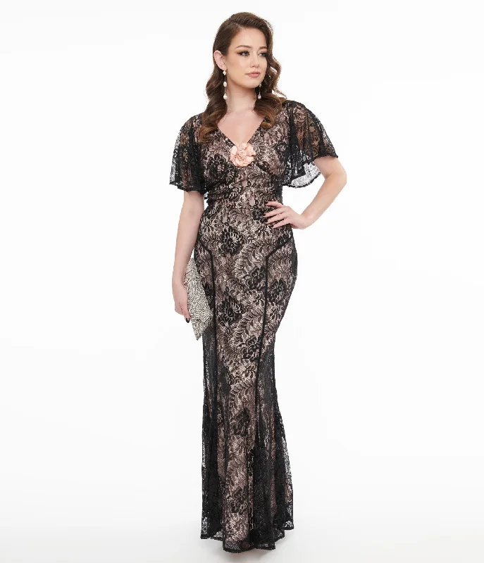 floor-length evening dress-Unique Vintage 1930s Black Lace & Peach Lining Flutter Sleeve Gown