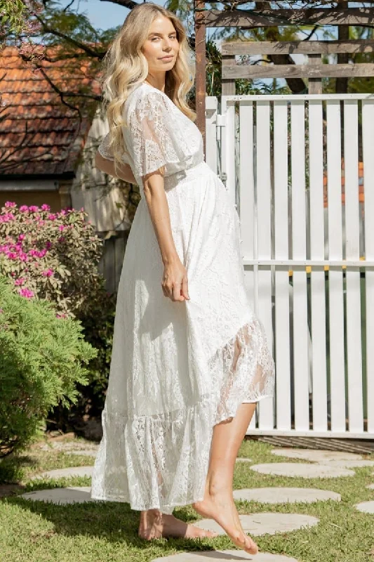 elegant white evening dress-The Wanderer White Lace Maternity Gown