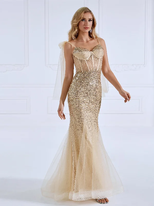 glamorous evening dress-Tie Straps Champagne Sequins Mermaid Gown Prom Dress #18082