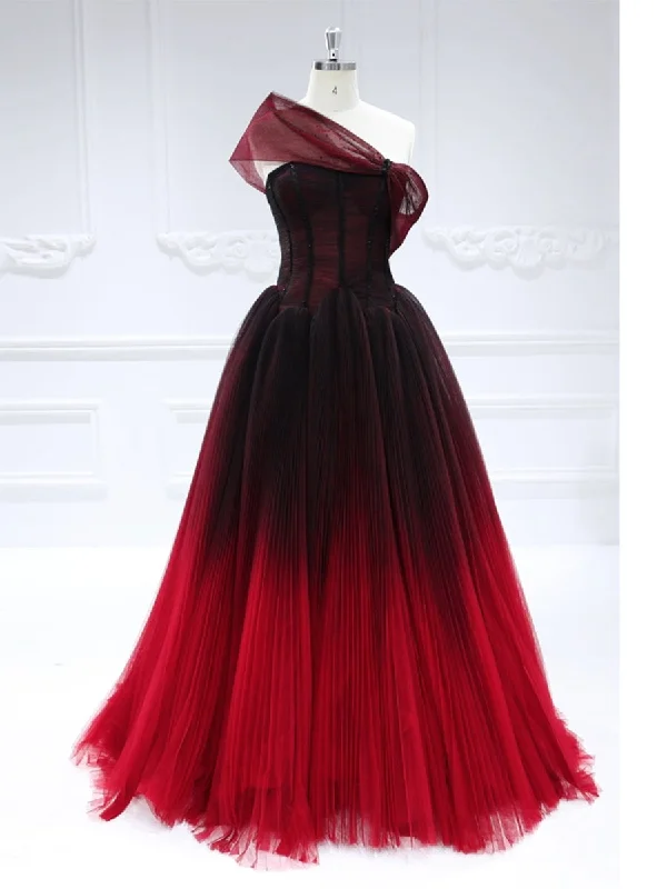 evening dress with shawl-Tulle A-line One-Shoulder Ball Gown with Pleated Skirt and A Corset Bodice #22246