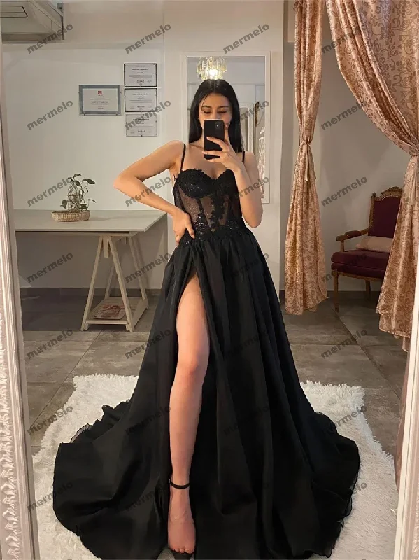 glamorous evening dress-Tulle Evening Dress Sexy Black V-Neck StrapLlace Applique Party Dress A-line High Side Slit Formal Occasion Prom Gown