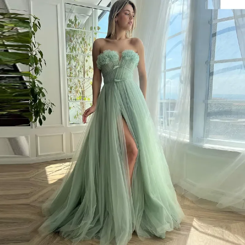 evening dress with blouson top-Unique Mesh Flowers Long Prom Dresses Sexy High Slit Tulle Puffy Women Summer Party Dress Elegant Mesh Puffy Brithday Gowns