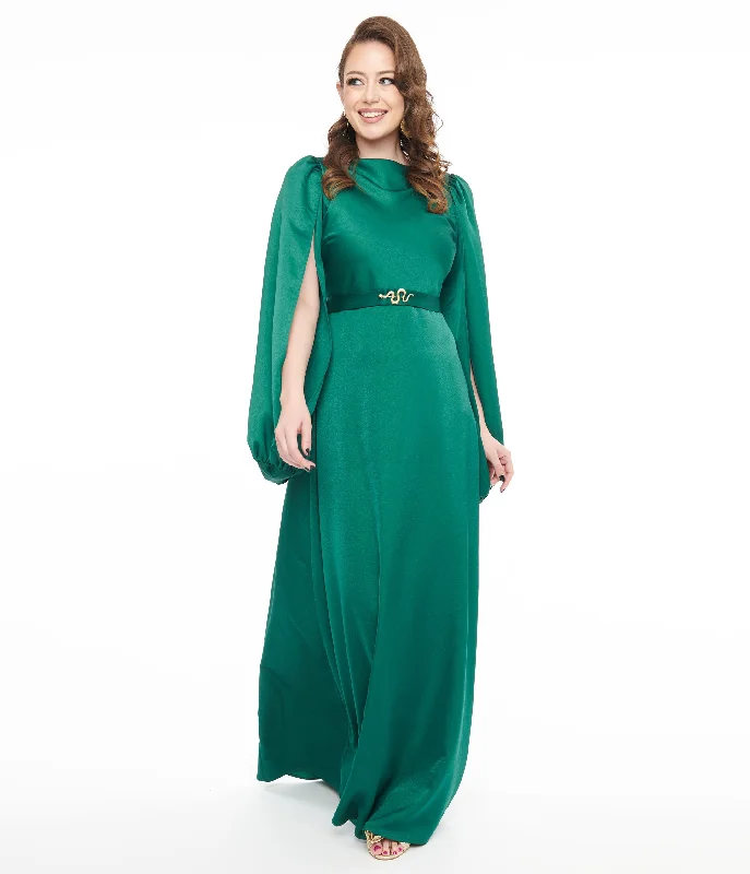 evening dress with train-Unique Vintage 1920s Emerald Satin & Snake Pin Evening Gown