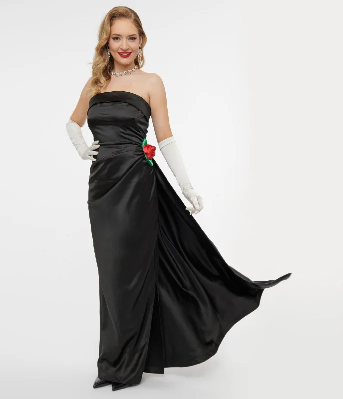 fit and flare evening dress-Unique Vintage 1950s Black Satin Strapless Enchanted Evening Gown