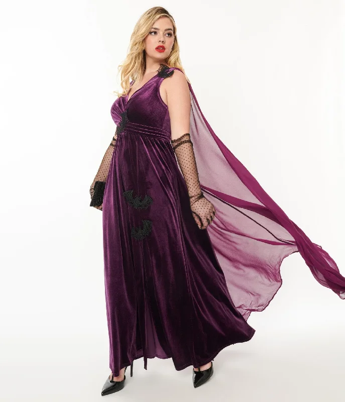 formal red evening dress-Unique Vintage Eggplant & Black Bat Velvet Cape Gown