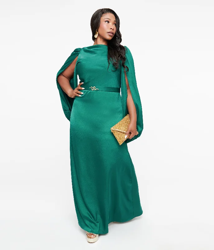 evening dress with sleeves and lace-Unique Vintage Plus Size 1920s Emerald Satin & Snake Pin Evening Gown