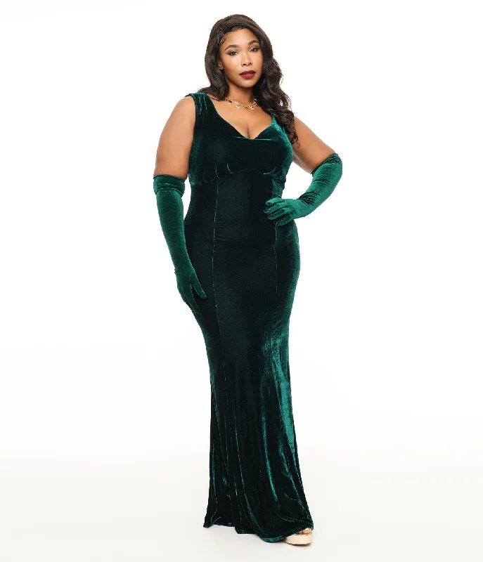 halter neck evening gown-Unique Vintage Plus Size 1930s Emerald Green Velvet Goldwyn Gown