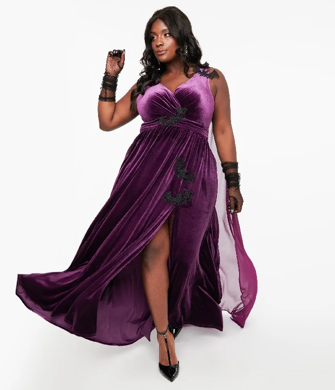 formal evening gown-Unique Vintage Plus Size Eggplant & Black Bat Velvet Cape Gown