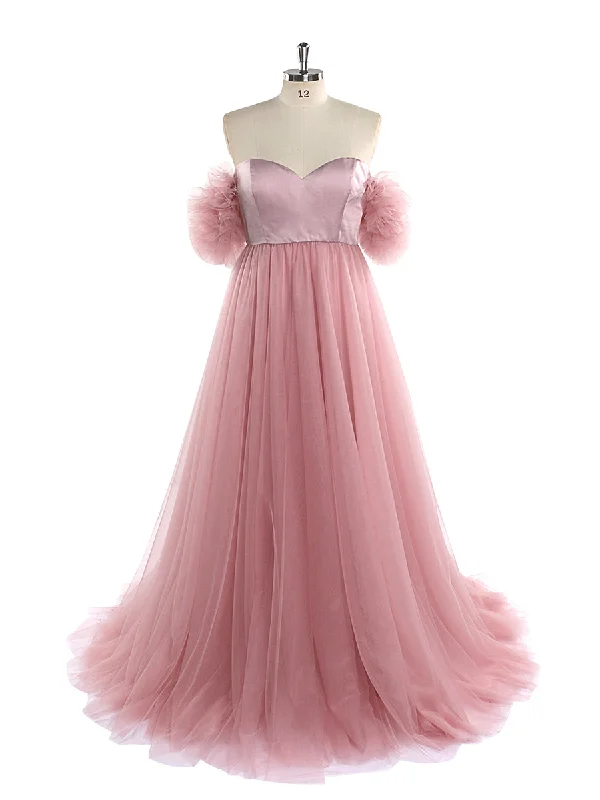 sweetheart neckline evening dress-Pink Tulle Maternity Photography Dress Long Off Shoulder Maternity Gowns for Baby Shower  Fancy Photography Props YeWen YW220905