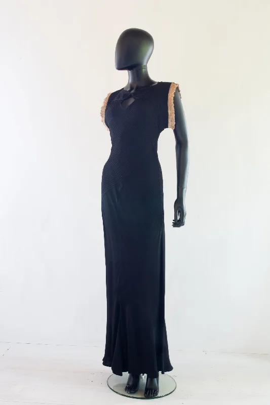 fishtail evening dress-Vintage 1930s Black Crepe Pin Tuck Gown