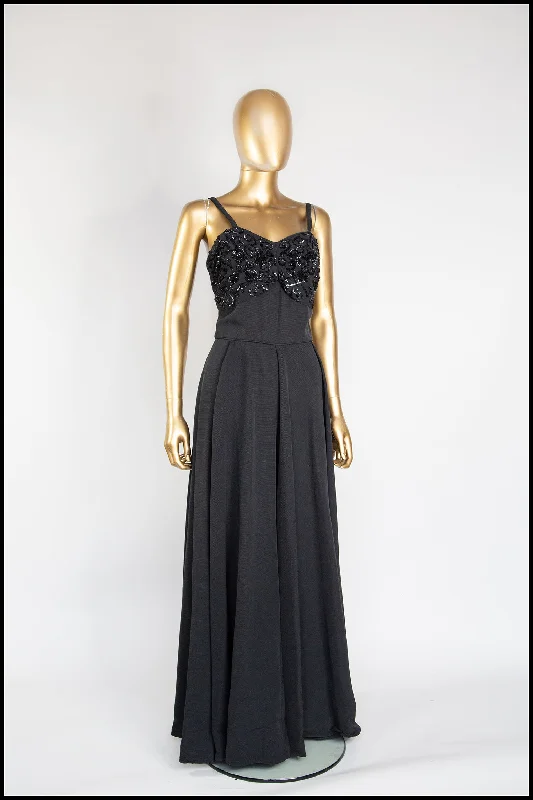 elegant long sleeve evening gown-Vintage 1950s Black Grosgrain Ballgown Dress