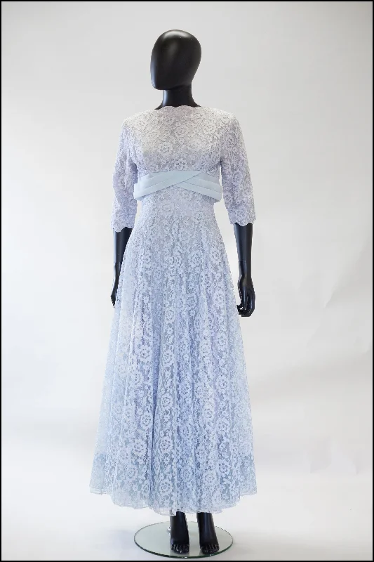 floral print evening dress-Vintage 1950s Blue Lace Gown