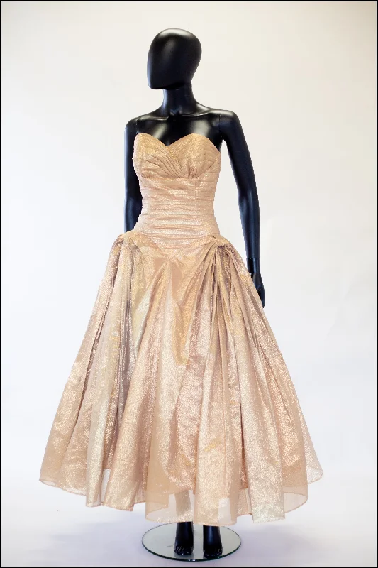 cap sleeve evening dress-Vintage 1950s Gold Lame Ballgown Dress