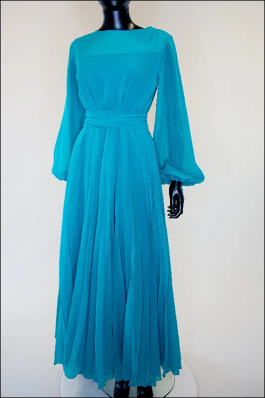 elegant peplum evening dress-Vintage 1970s Teal Blue Chiffon Gown