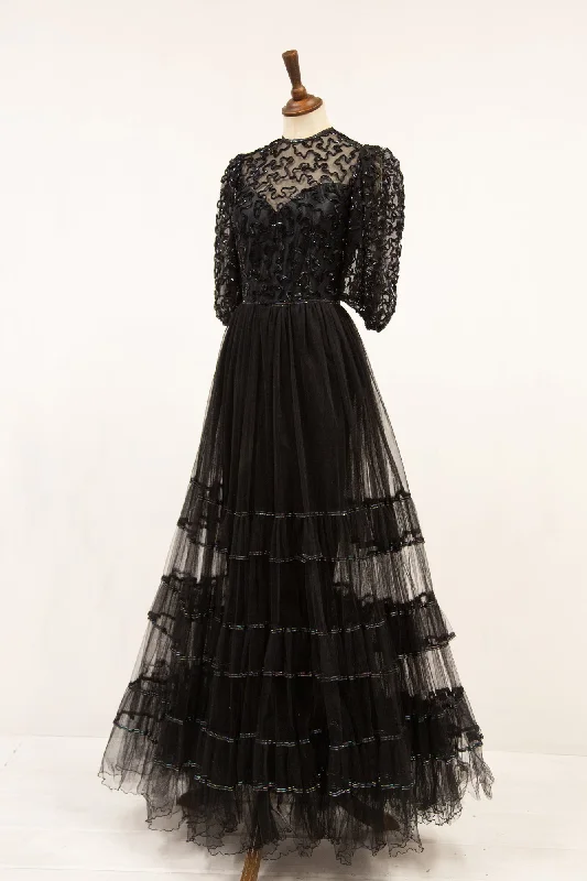 elegant white evening dress-Vintage 1980s does 1930s Black Tulle Gown