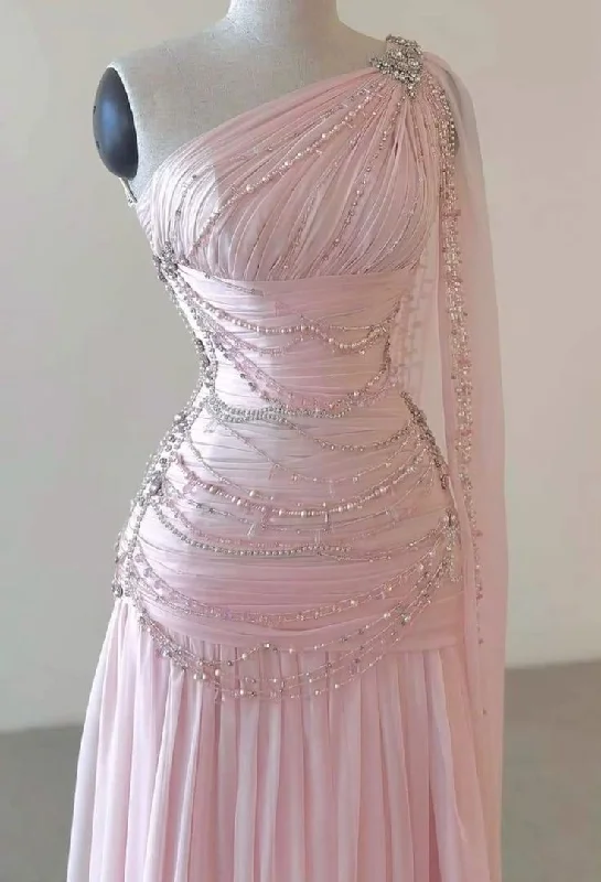 elegant evening dress with train-Vintage A Line One Shoulder Pink Chiffon Floor Length Prom Dresses Beads Evening Dress      S5591