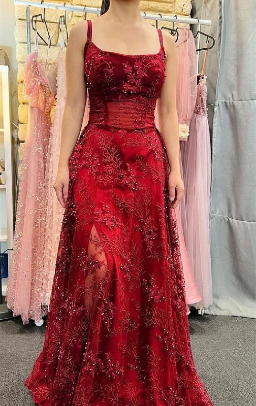 elegant evening dress with sleeves-Wine Red Lace Scoop Straps A-Line Prom Dress, Wine Red Evening Dress       S5176