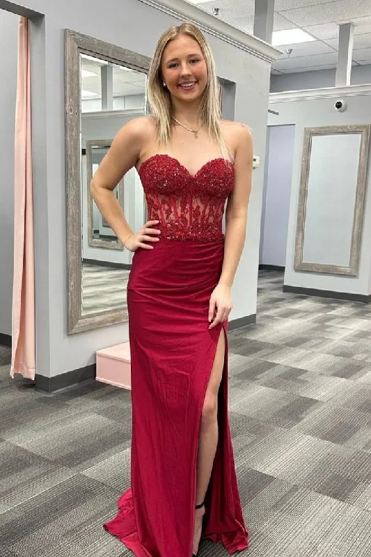 sleeveless tulle evening dress-Wine Red Strapless Mermaid Appliques Long Prom Dress with Slit      S5138