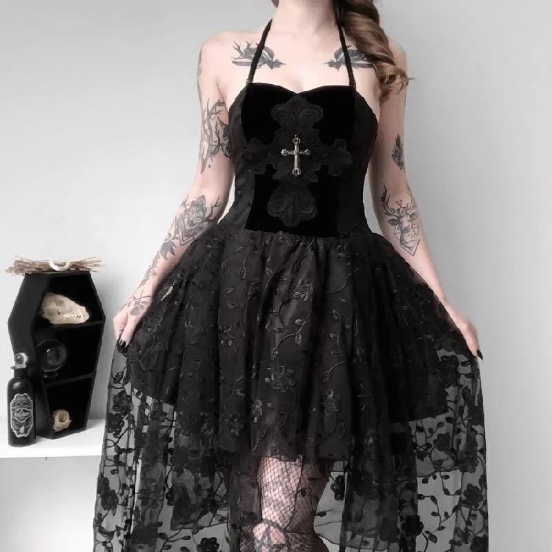 evening dress with keyhole-Women's Goth Multilayer Floral Black Lace Gown Dress