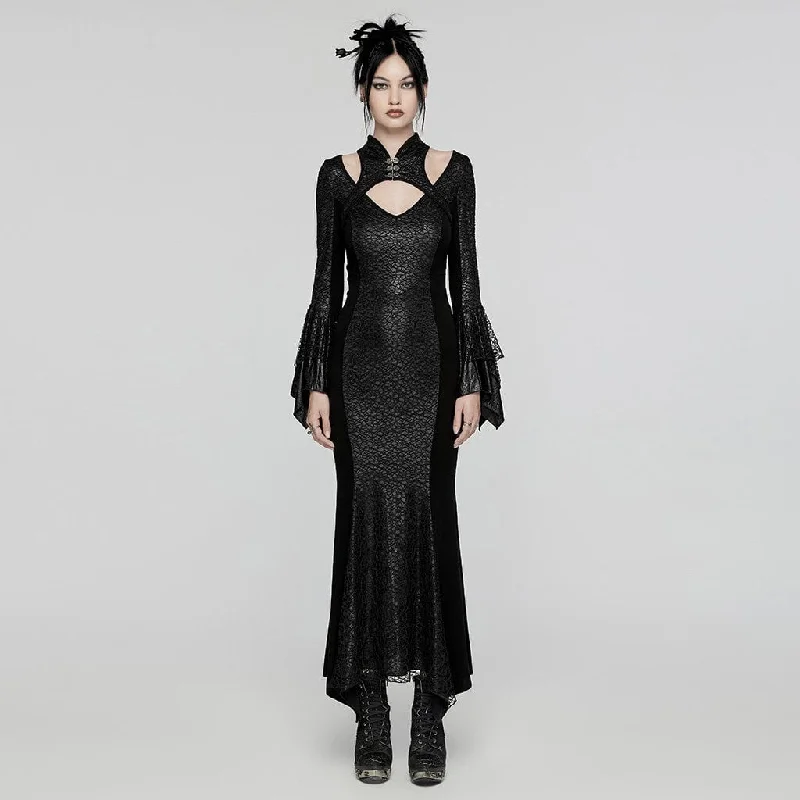 elegant evening dress with sleeves-Women's Gothic Cheongsam Collar Fishtailed Gown Dress Black