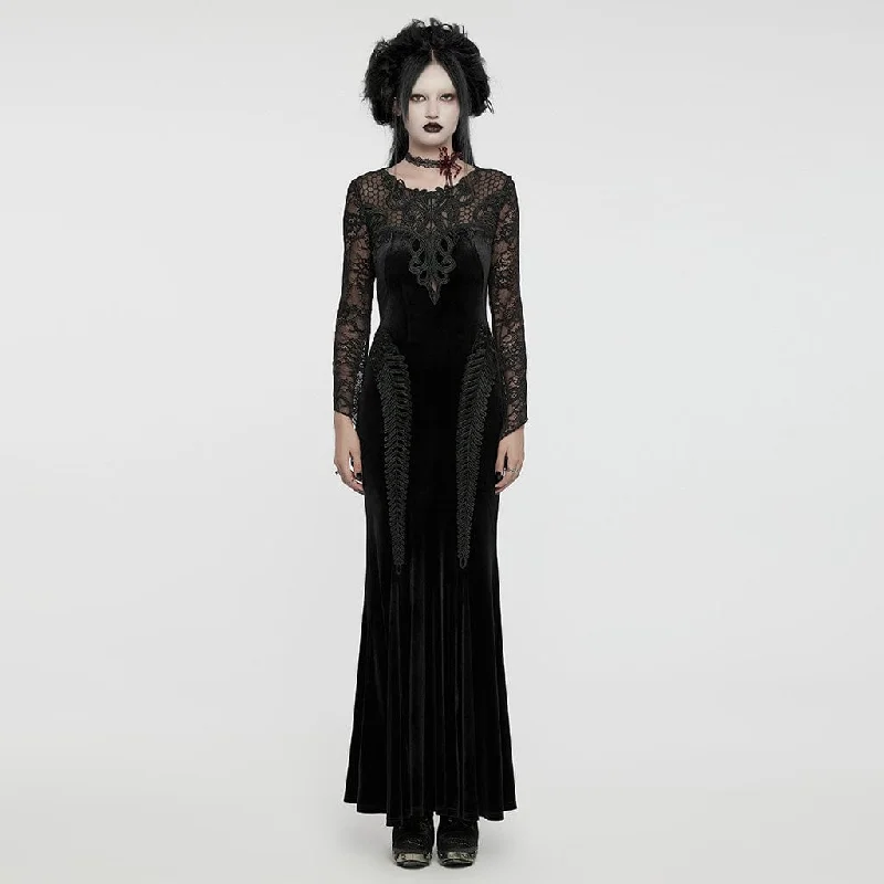 elegant velvet evening gown-Women's Gothic Lace Splice Velvet Fishtailed Prom Dress Black