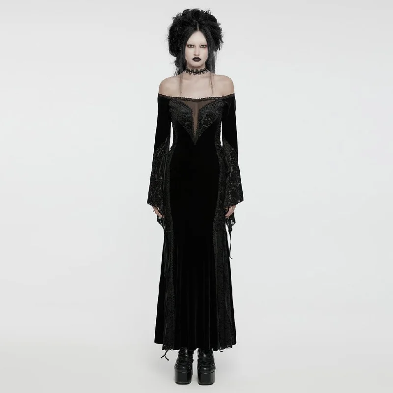 elegant white evening dress-Women's Gothic Off-the-shoulder Lace Splice Velvet Gown Dress