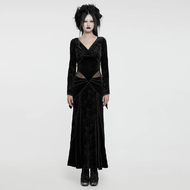 evening dress for black-tie events-Women's Gothic Plunging Embossed Velvet Prom Dress Black