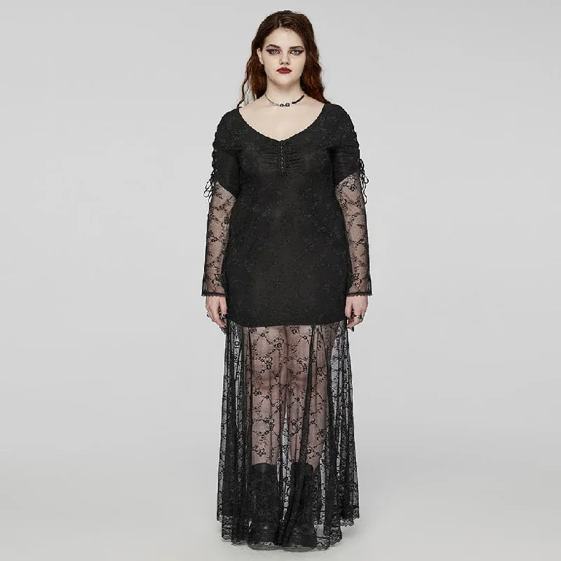 evening dress with cape-Women's Plus Size Gothic Flared Sleeved Lace-up Lace Prom Dress