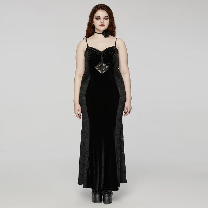 evening dress with blouson top-Women's Plus Size Gothic Lace Splice Velvet Fishtail Evening Slip Dress