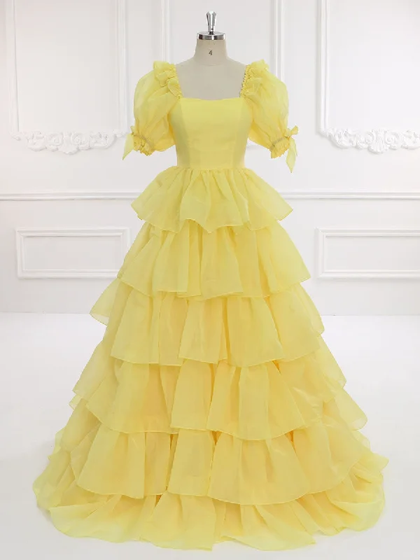 cap sleeve evening dress-Yellow Layered Ruffles Prom Gown Evening Party Dress Photo Shoots Dress Outfits YW231128