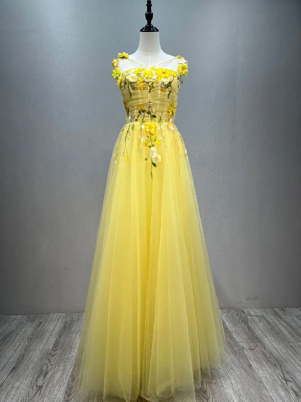 beaded evening dress-Yellow Prom Gown with Floral Lace Appliqué Fairy Girls Party Dresses YE3028